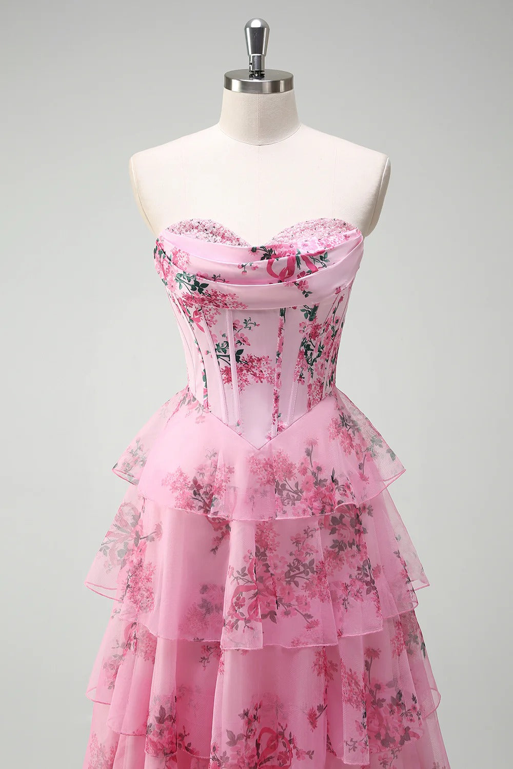 HEULORIA Vintage-Inspired Strapless Floral Gown: Sweetheart Corset Bodice Tiered Ruffle Evening Dress ED-233