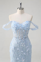 HEULORIA Enchanting Sky Blue 3D Floral Mermaid Prom Dress - Detachable Off-the-Shoulder Corset Evening Gown ED-350