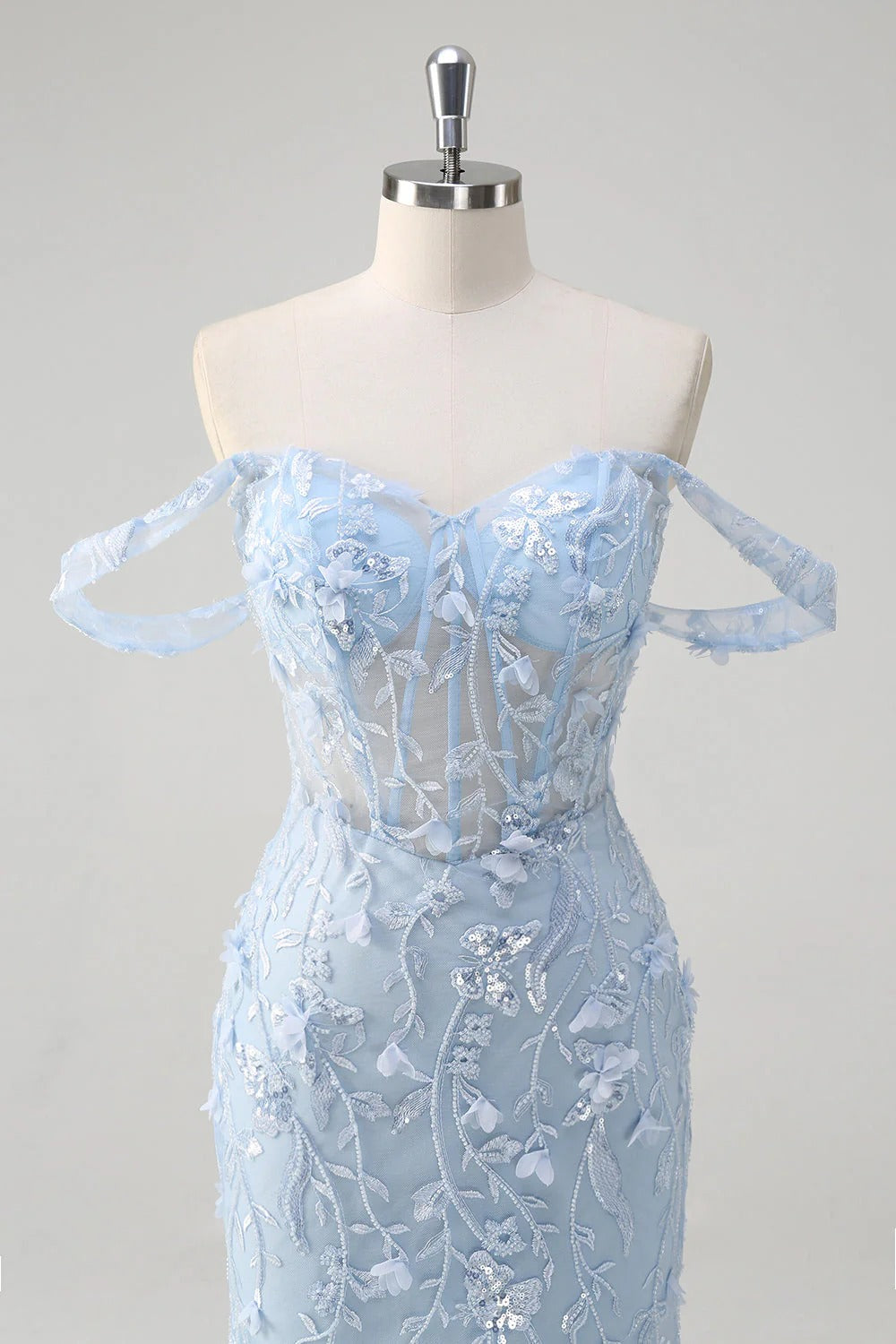 HEULORIA Enchanting Sky Blue 3D Floral Mermaid Prom Dress - Detachable Off-the-Shoulder Corset Evening Gown ED-350
