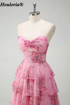 HEULORIA Blush Floral Strapless Tiered A-Line Prom Dress with Rosette ED-347