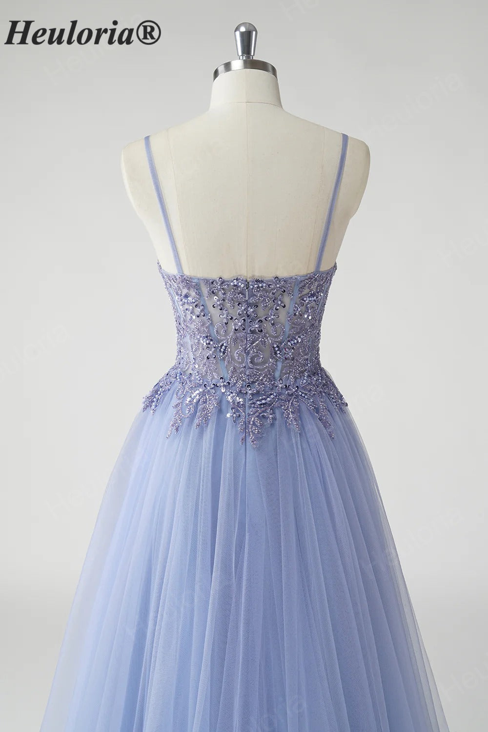 Heuloria Ethereal Beaded Lace Tulle A-Line Prom Dress with Spaghetti Straps and Illusion Bodice ED-503