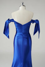 HEULORIA Elegant Royal Blue Off-the-Shoulder Satin Mermaid Evening Dress with High Slit and Bow Knots ED-504