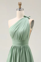 HEULORIA Sage Green One-Shoulder Pleated Chiffon Floor-Length Bridesmaid & Evening Dress ED-243