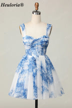 HEULORIA French Chic Blue and White Floral Tulle Mini Party Dress - Convertible Off-the-Shoulder A-Line Cocktail Gown ED-656