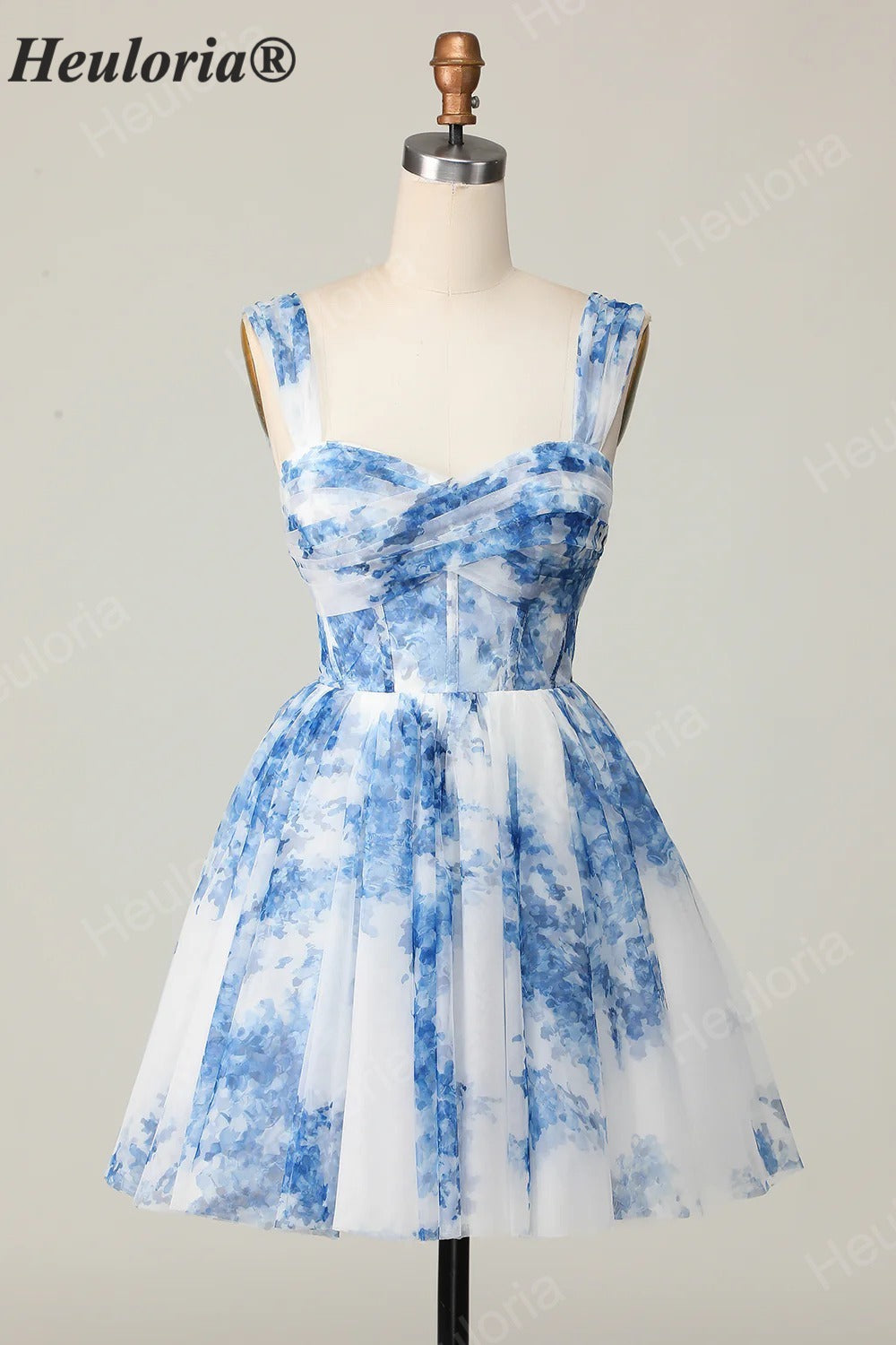 HEULORIA French Chic Blue and White Floral Tulle Mini Party Dress - Convertible Off-the-Shoulder A-Line Cocktail Gown ED-656