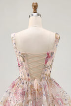 HEULORIA Sparkly Floral Embroidered Mini Homecoming Dress with Corset Bodice and Lace-up Back ED-598