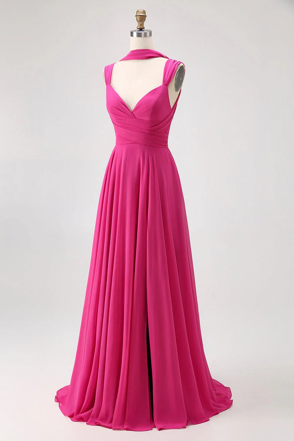 HEULORIA Fuchsia Pleated Chiffon Bridesmaid Dress with Matching Scarf & Side Slit ED-257