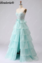 heuloria Strapless Lace Tiered Ruffle Prom Dress with Bow Waist ed-514