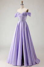 HEULORIA Off-the-Shoulder Sequin Beaded Satin Prom Dress with Slit & Corset Back ED-586