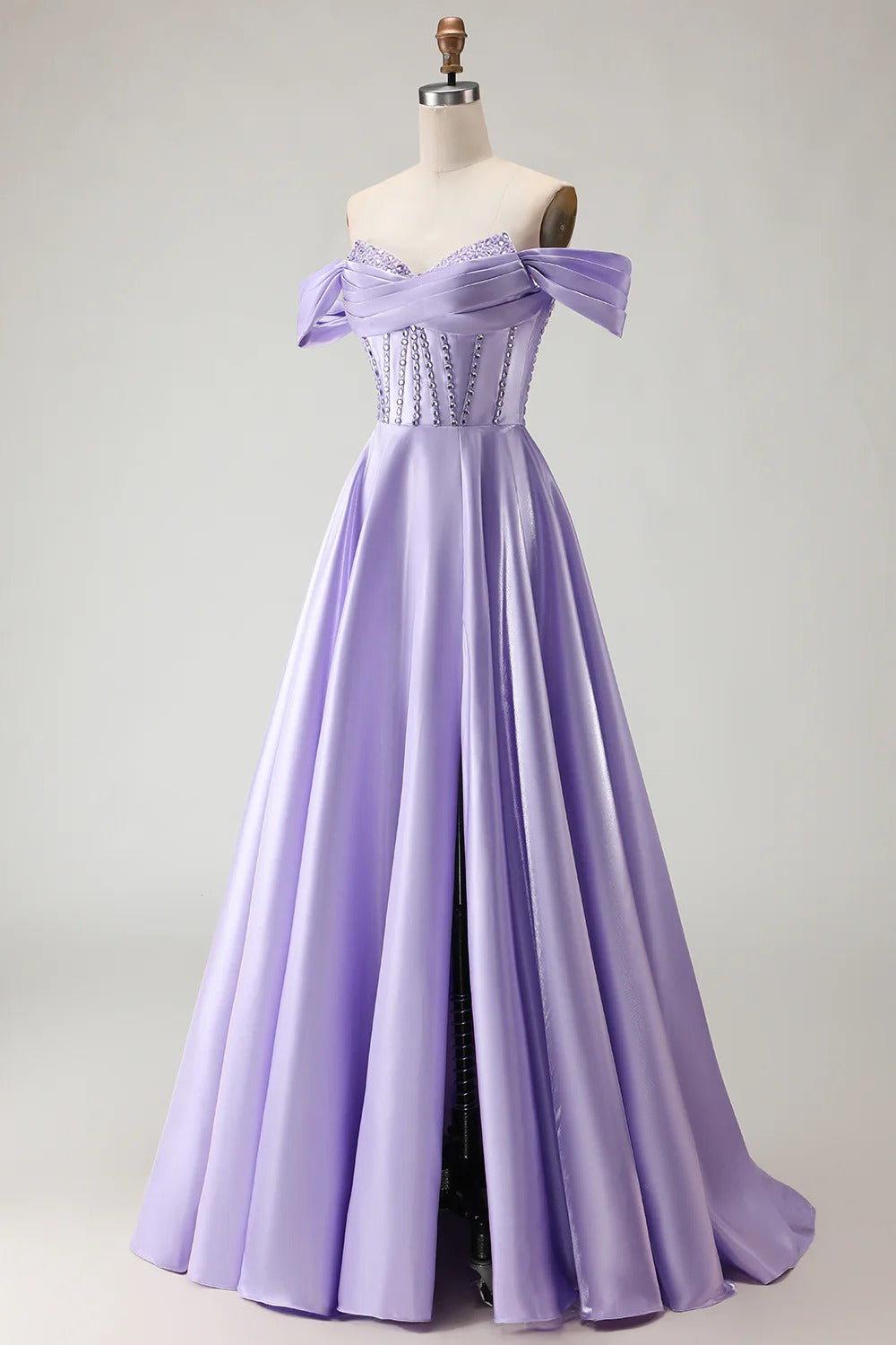 HEULORIA Off-the-Shoulder Sequin Beaded Satin Prom Dress with Slit & Corset Back ED-586