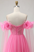 Heuloria Romantic Off-the-Shoulder Pink Tulle Prom Dress with 3D Floral Sleeves & Ruched Bodice ED-512