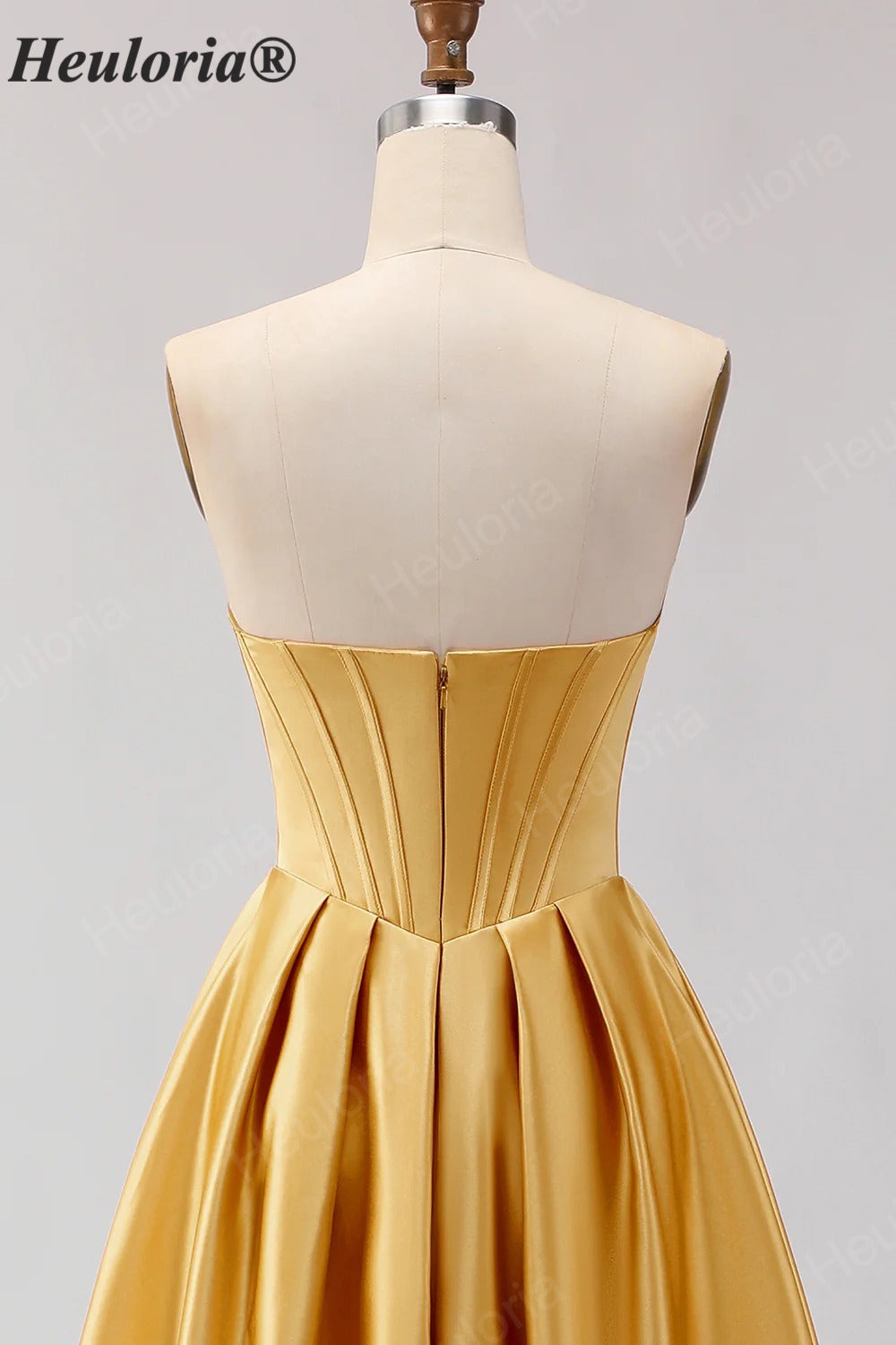 HEULORIA Strapless Golden Satin Ball Gown with Beaded Corset Bodice and Pleated Skirt ED-516