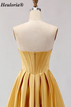 HEULORIA Strapless Golden Satin Ball Gown with Beaded Corset Bodice and Pleated Skirt ED-516