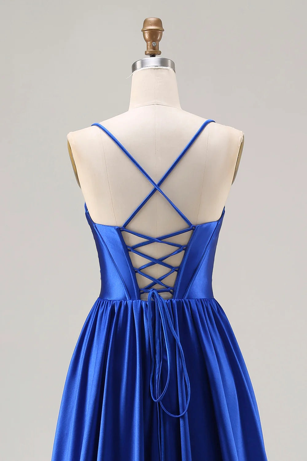 HEULORIA Royal Blue Satin A-Line Evening Dress with Beaded Neckline and Lace-up Back ED-523