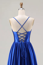 HEULORIA Royal Blue Satin A-Line Evening Dress with Beaded Neckline and Lace-up Back ED-523