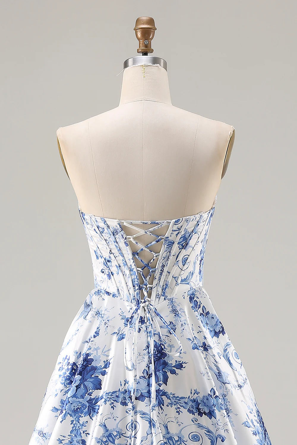 Heuloria Elegant Toile de Jouy Blue and White Porcelain Print A-Line Prom Dress with High Slit & Corset Bodice ED-513