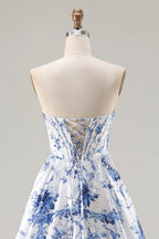 Heuloria Elegant Toile de Jouy Blue and White Porcelain Print A-Line Prom Dress with High Slit & Corset Bodice ED-513