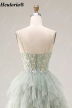 heuloria Dusty Green Floral Corset Tulle Prom Dress with Cascading Ruffles ed-518