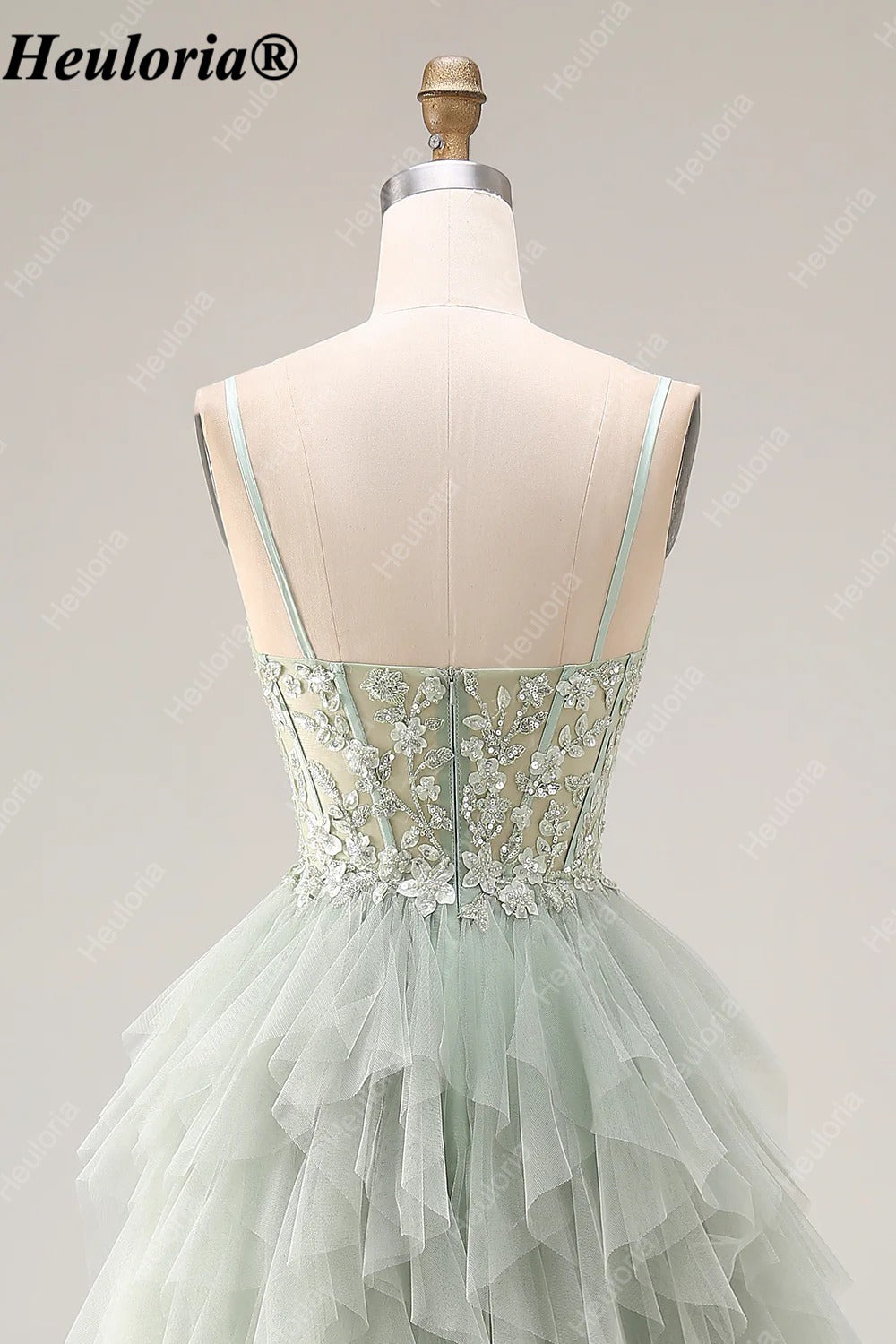 heuloria Dusty Green Floral Corset Tulle Prom Dress with Cascading Ruffles ed-518