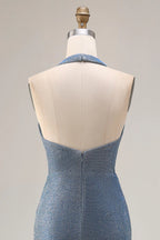 HEULORIA Shimmering Dusty Blue Halter Neck Ruched Evening Gown with High Slit ED-519