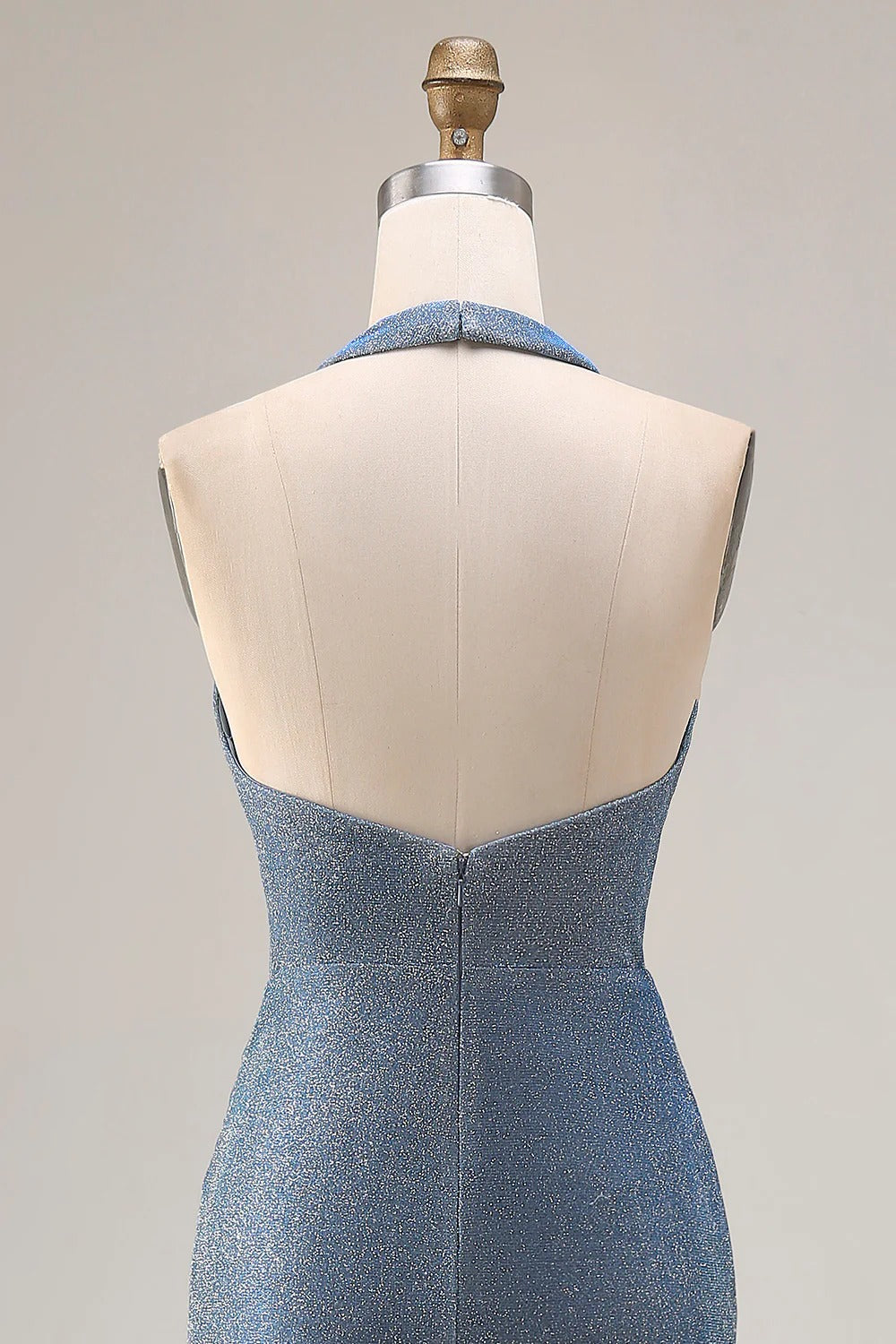 HEULORIA Shimmering Dusty Blue Halter Neck Ruched Evening Gown with High Slit ED-519