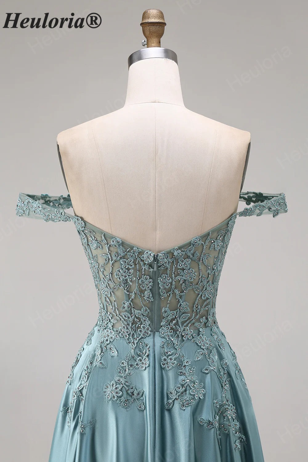 Heuloria Off-the-Shoulder Illusion Lace Bodice Satin A-Line Evening Gown ED-501