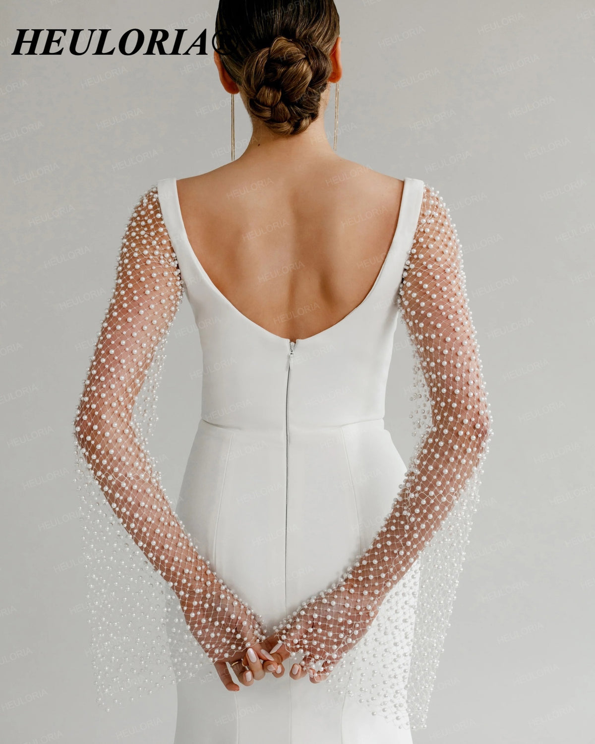 HEULORIA Pearl Beaded Long Sleeve Mermaid Wedding Dress ME-155