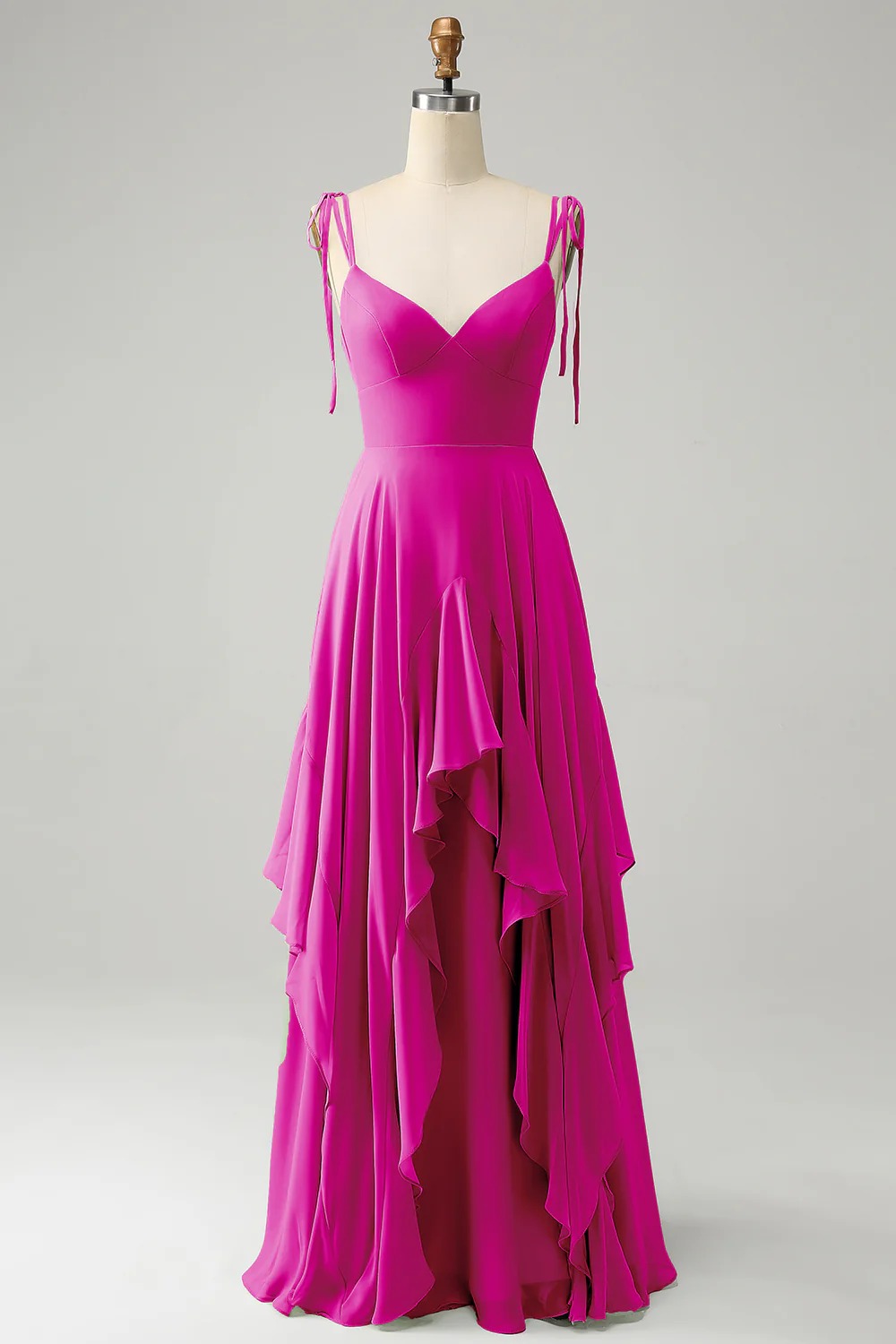 HEULORIA Elegant Cascading Ruffle Chiffon Bridesmaid Dress - Tie-Shoulder V-Neck Maxi Gown ED-252