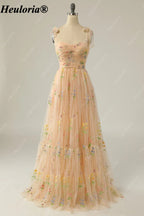 heuloria Floral Embroidered Tulle A-Line Dress with Bow Straps ed-525