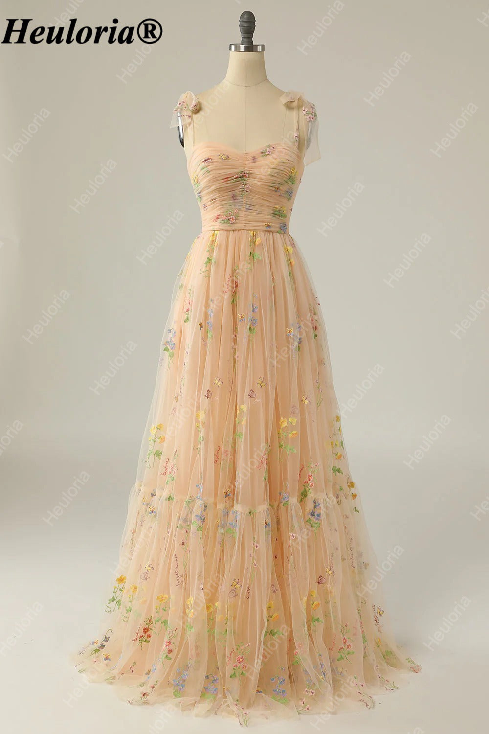 heuloria Floral Embroidered Tulle A-Line Dress with Bow Straps ed-525