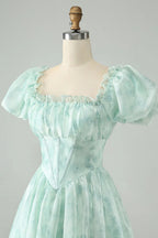 HEULORIA Romantic Floral Puff Sleeve Square Neck Mini Dress with Corset Waist ED-592