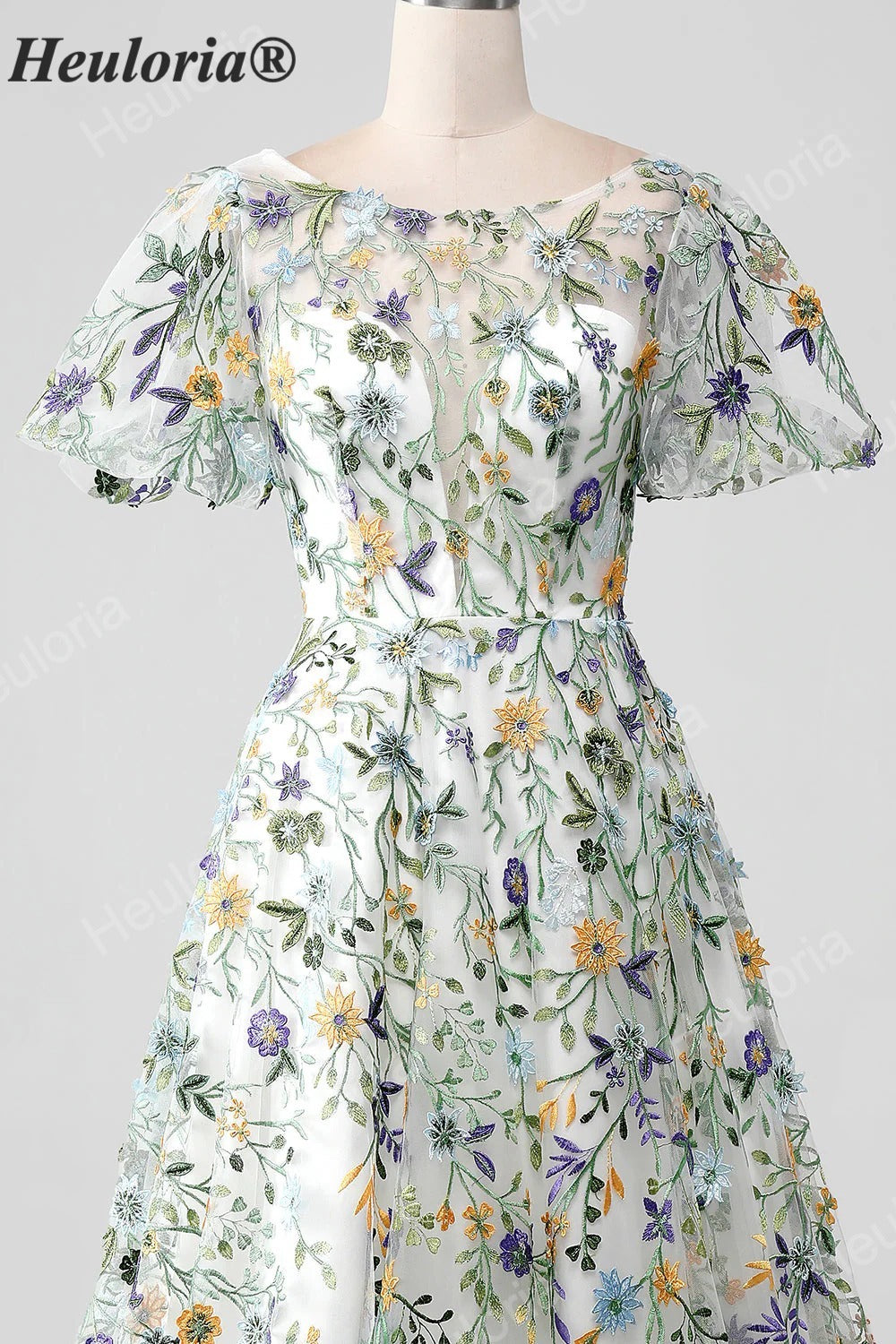 HEULORIA Enchanting Floral Embroidery Flutter Sleeve A-Line Evening Gown - Illusion Mesh Formal Dress ED-684