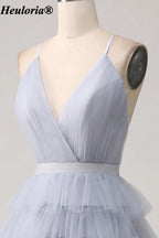 heuloria Dusty Blue V-Neck Tiered Tulle Prom Dress with Open Back ed-583
