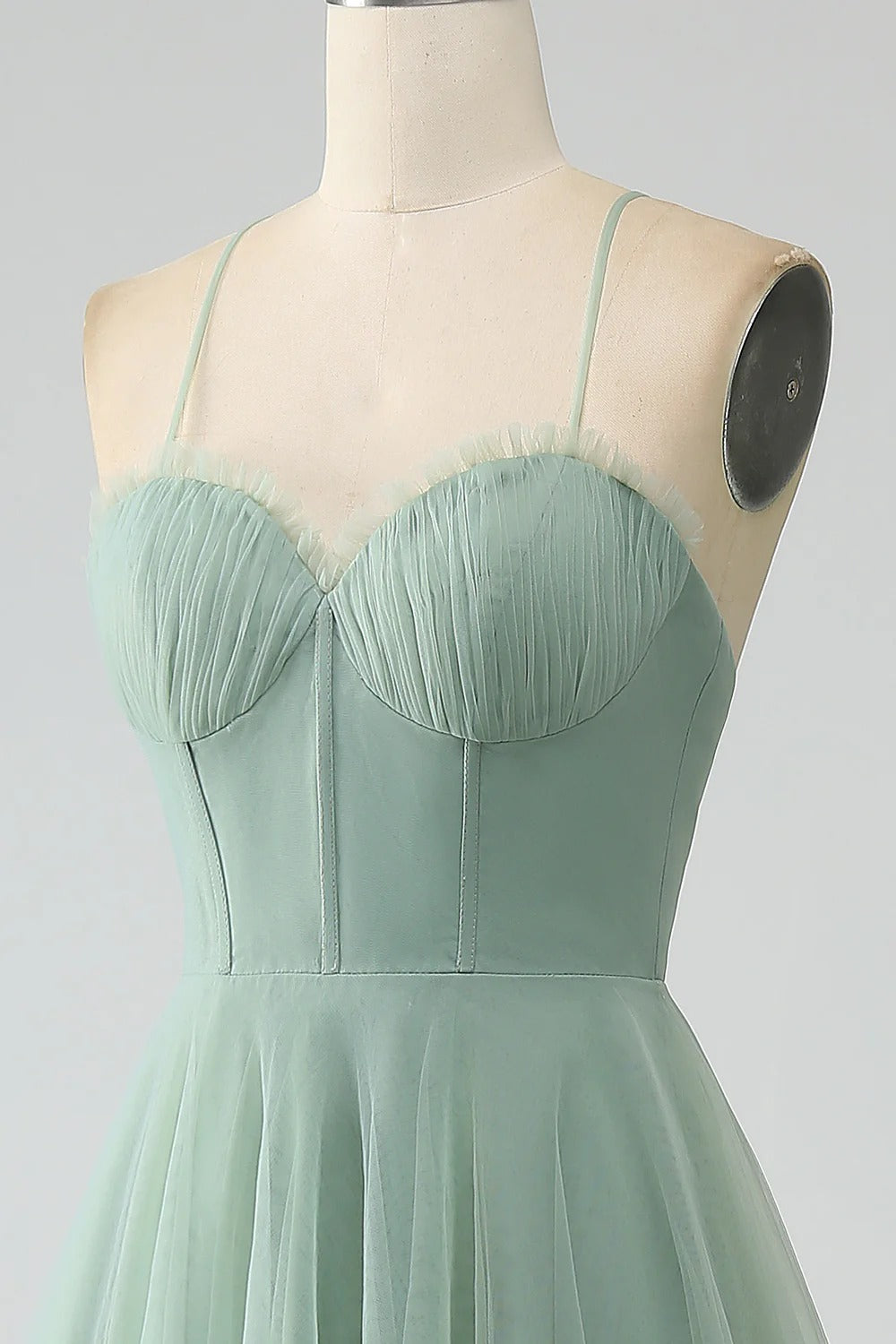 HEULORIA Sage Green Tea-Length Tulle Formal Dress - Frill Sweetheart Neckline & Corset Bodice Bridesmaid dresses ED-266