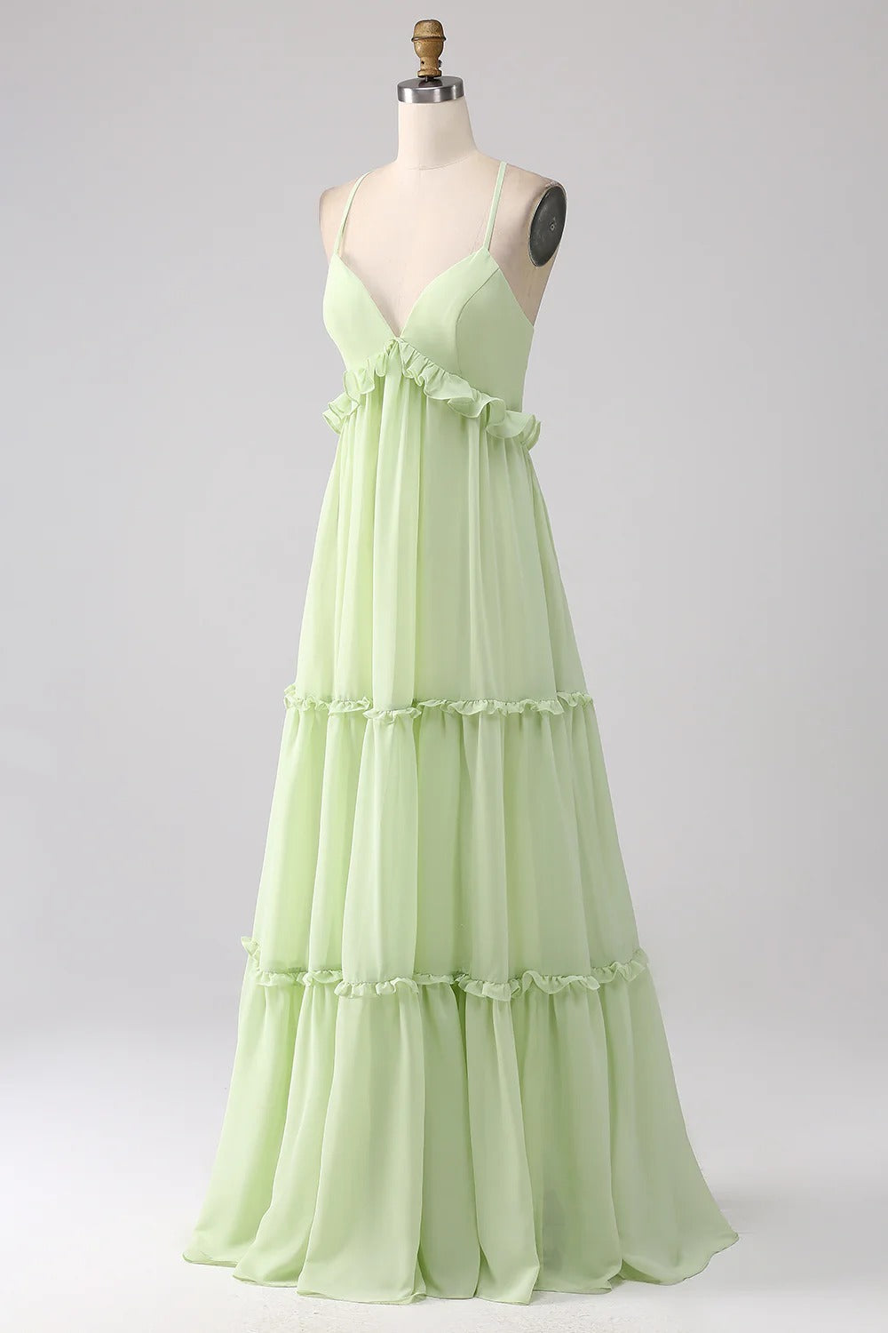 HEULORIA Sage Green Ruffled V-Neck Tiered Chiffon Maxi Dress with Lace-Up Back ED-375