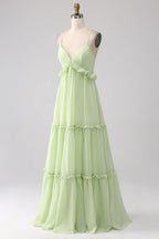 HEULORIA Sage Green Ruffled V-Neck Tiered Chiffon Maxi Dress with Lace-Up Back ED-375
