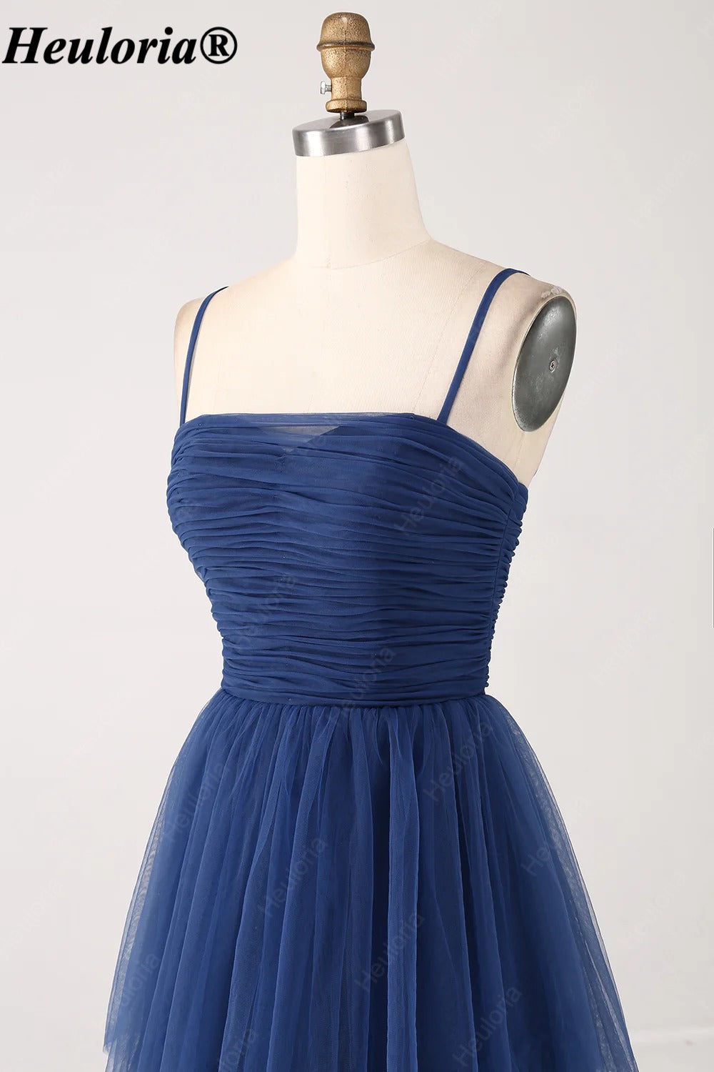 heuloria Navy Ruched Tiered Tulle A-Line Dress with Lace-Up Back-ed-548