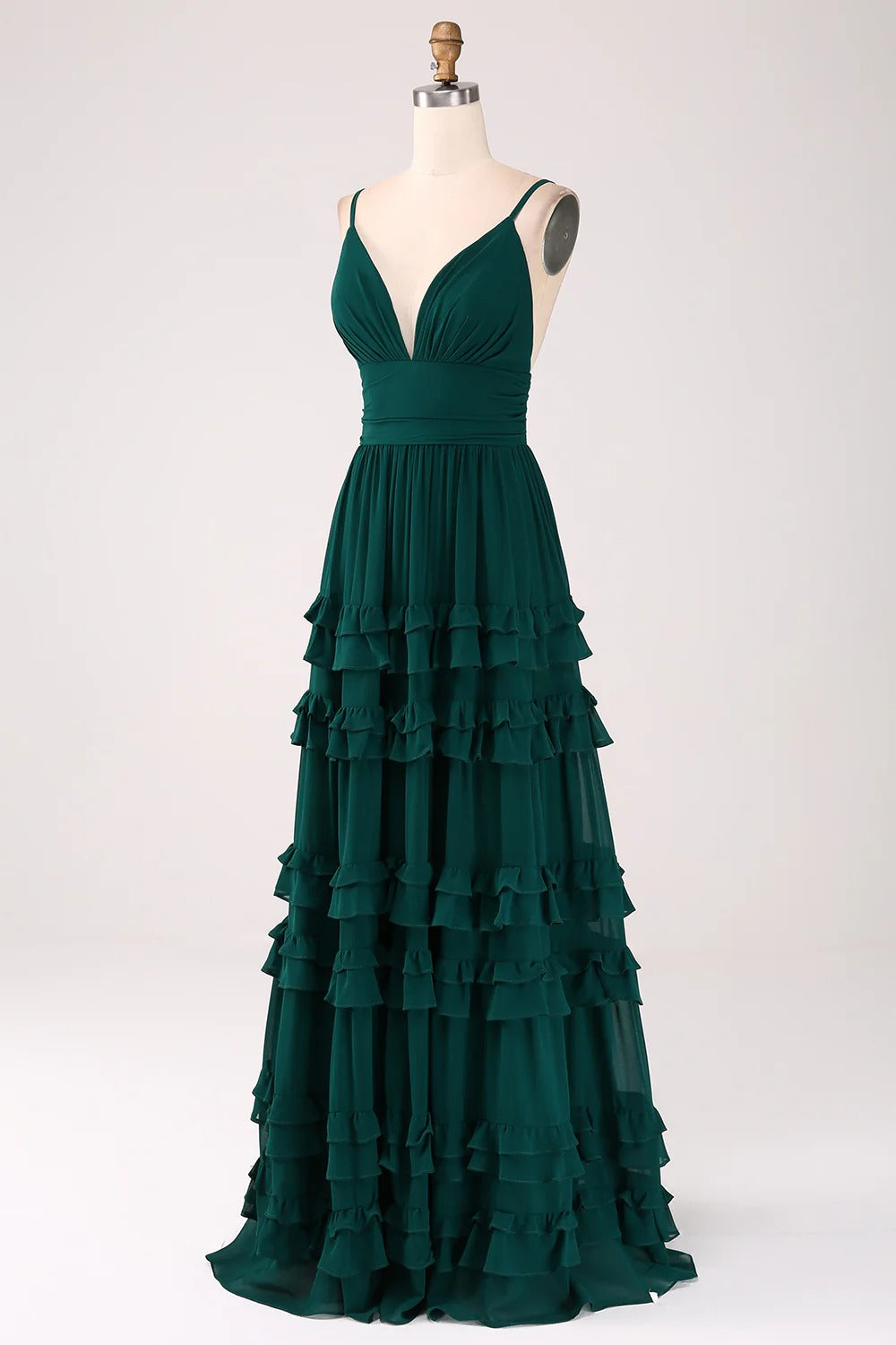 HEULORIA Dark Green Deep V-Neck Tiered Ruffle Chiffon Maxi Dress - Elegant Evening Gown ED-242