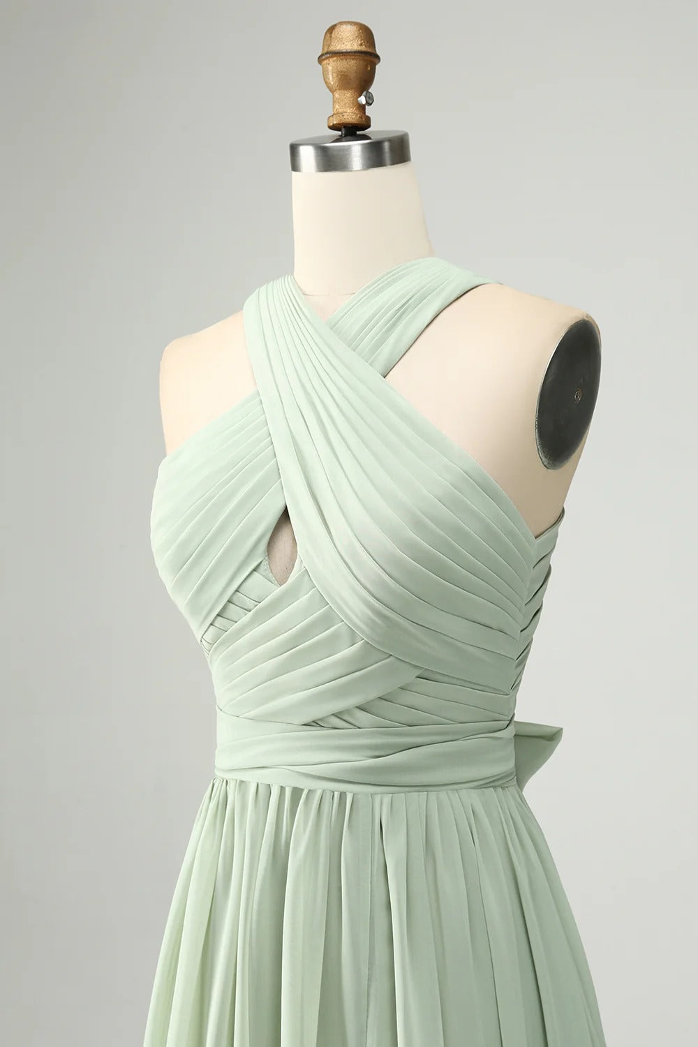 HEULORIA Dusty Sage Chiffon Criss-Cross Halter Bridesmaid Dress with Front Slit and Bow Back ED-256