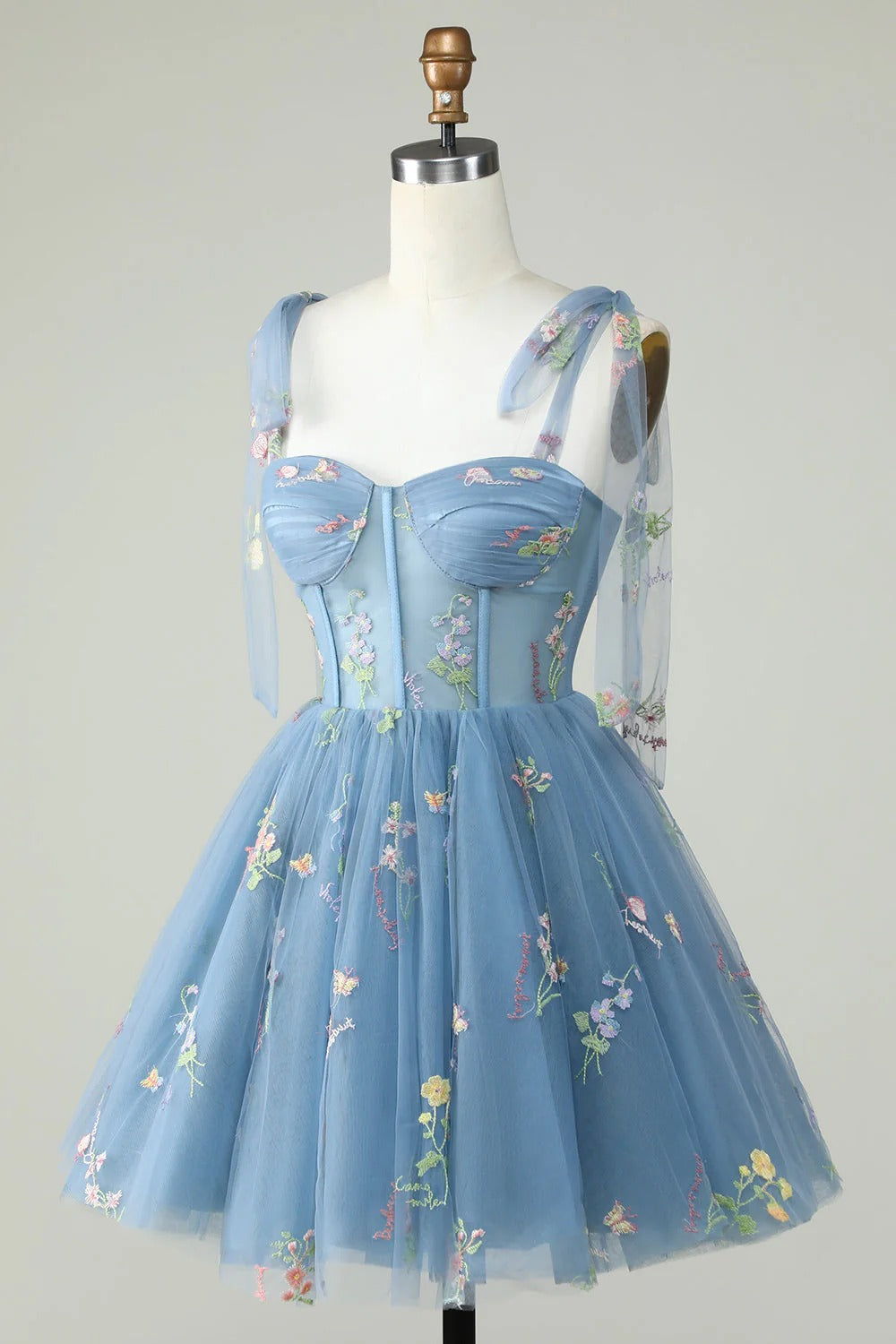 HEULORIA Floral Embroidered Tulle Mini Dress - Sweetheart Corset Bodice with Sheer Tie-Shoulder Straps ED-273