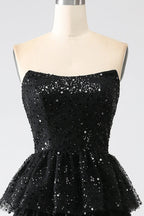 HEULORIA Sparkling Black Sequin Tiered Evening Gown - Strapless Layered Tulle Formal Dress ED-234