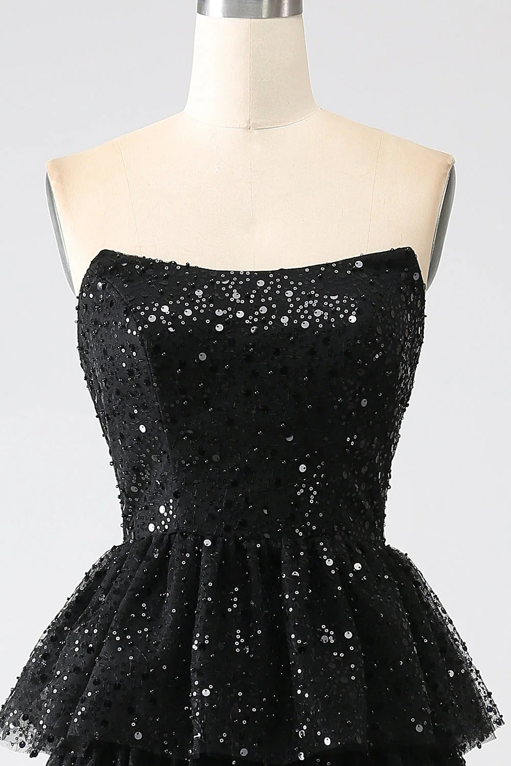 HEULORIA Sparkling Black Sequin Tiered Evening Gown - Strapless Layered Tulle Formal Dress ED-234