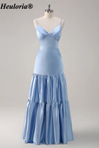 heuloria Sky Blue V-Neck Satin Bridesmaid Dress with Tiered Skirt ed-547