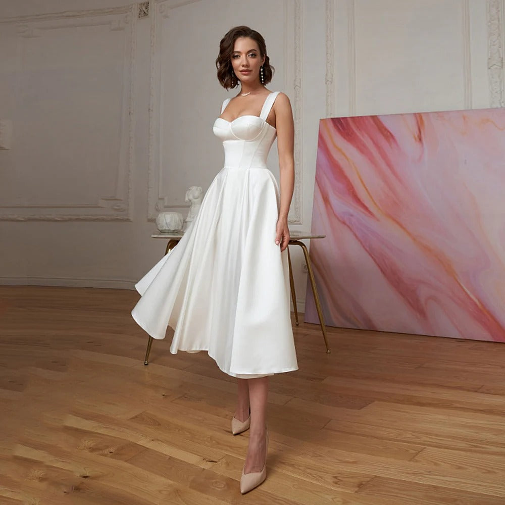 HEULORIA Minimalist Sweetheart A-Line Midi Wedding Dress with Corset Bodice ED-429 Image principale du produit