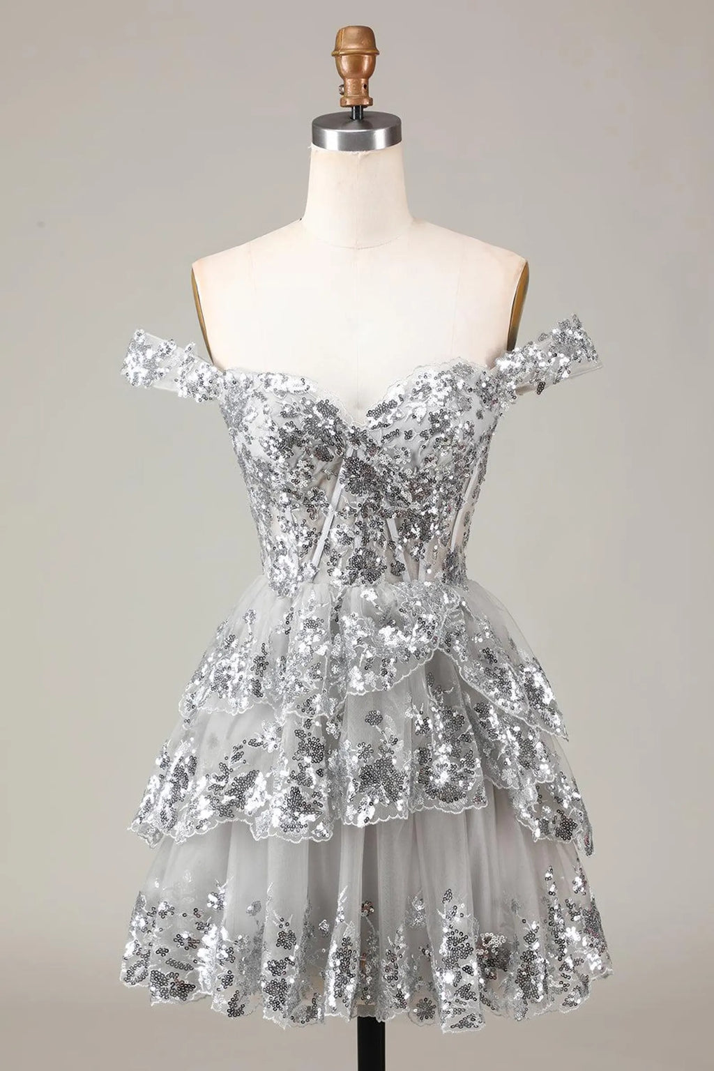 HEULORIA Champagne Off-the-Shoulder Sequin Tiered Mini Dress - Corset Bodice Party & Homecoming Dress ED-277