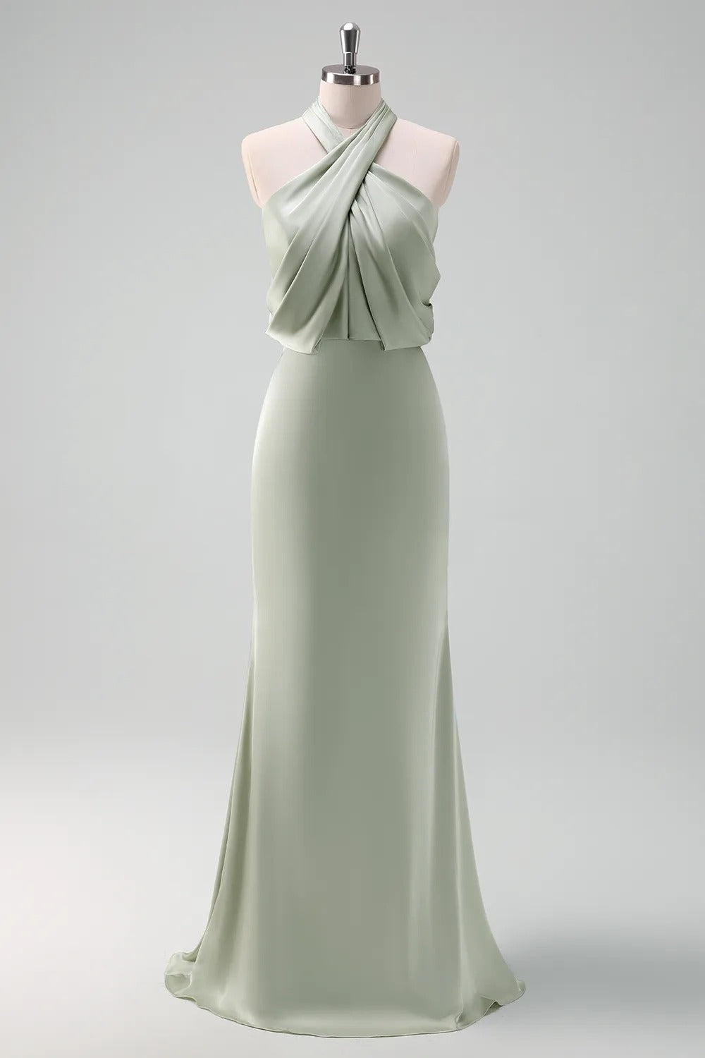 HEULORIA Elegant Dusty Sage Criss-Cross Halter Satin Mermaid Formal Gown ED-229