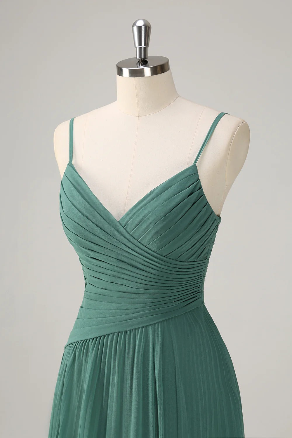 HEULORIA Eucalyptus Green Pleated Chiffon V-Neck Spaghetti Strap Floor-Length Evening Dress ED-261