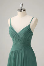 HEULORIA Eucalyptus Green Pleated Chiffon V-Neck Spaghetti Strap Floor-Length Evening Dress ED-261