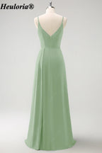 HEULORIA V-Neck Pleated Chiffon Bridesmaid Dress with Slit | ED-957