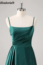 HEULORIA Dark Green Spaghetti Strap Ruched Satin A-Line Bridesmaid Dress ED-260